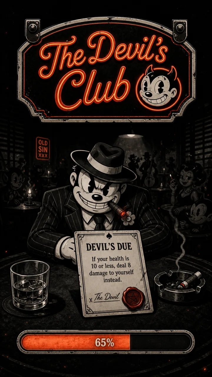 The Devil’s Club loading screen in a 1930s rubber-hose cartoon noir style: a neon club sign above a cigar-chewing gangster holding a Devil’s Due contract, scored 8.3 out of 10