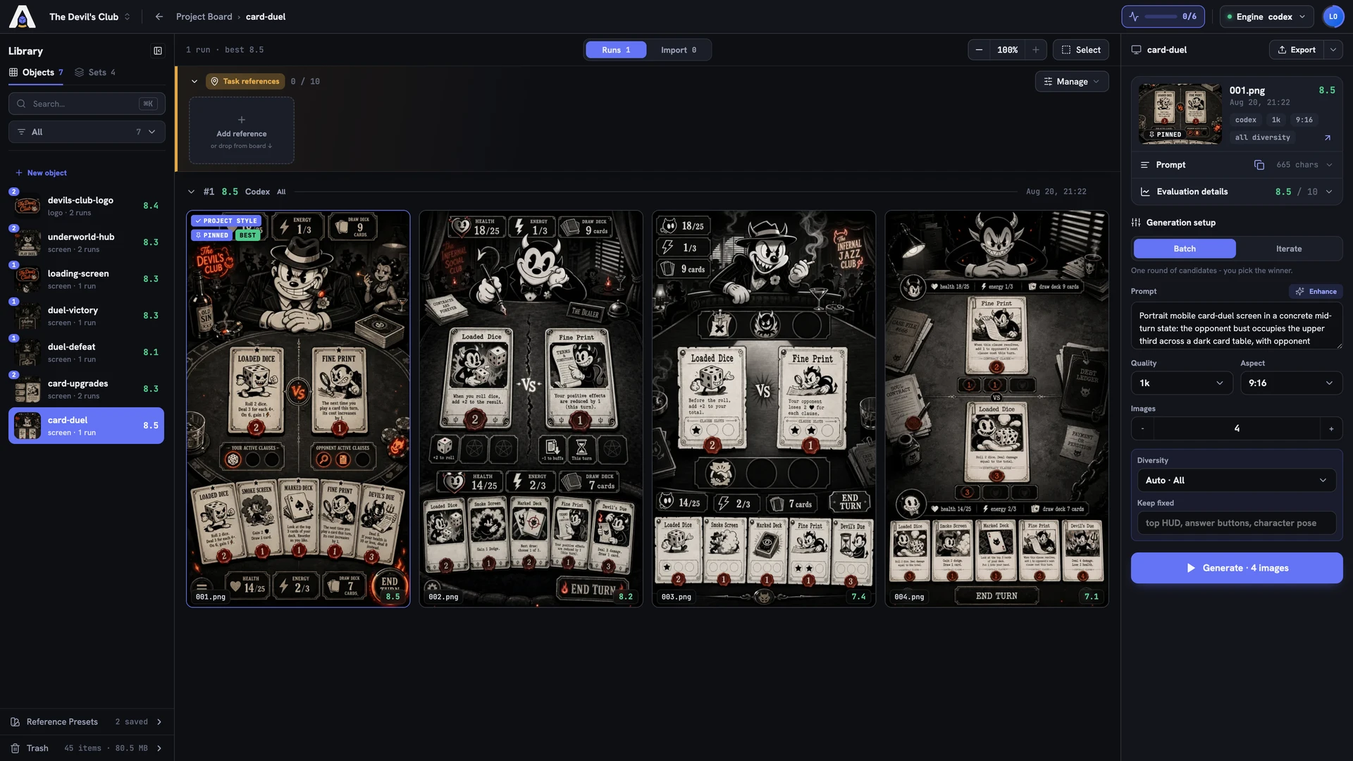 Artkiln run view: four generated style candidates for The Devil’s Club card-duel screen, scored 8.5 to 7.1, with the winner pinned as the project’s Style reference